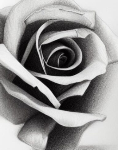 A black and white drawing of a rose