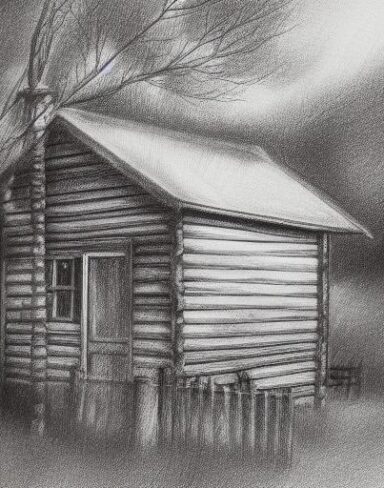 A black and white drawing of cabin