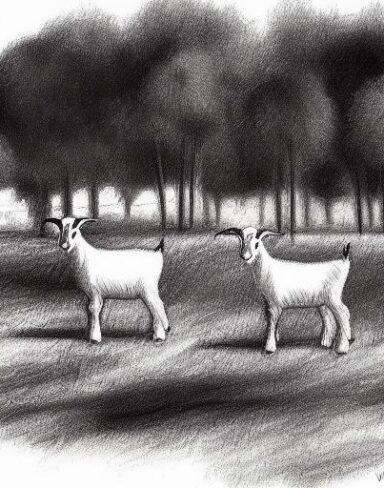 A black and white drawing of goats in the farm with trees