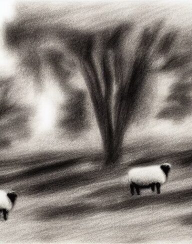 A black and white drawing of sheep near river and trees