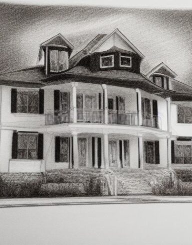 A black and white drawing of the house