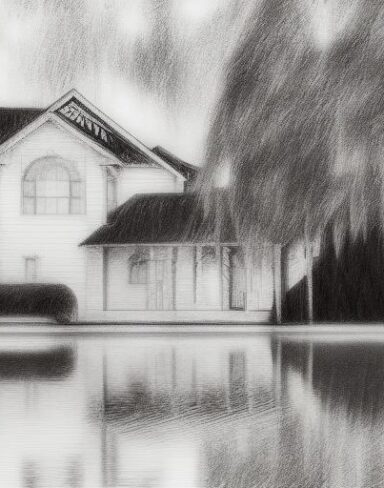 A black and white pencil drawing of a house by a lake