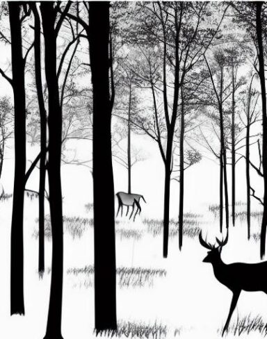 A black and white silhouette of deers in a forest