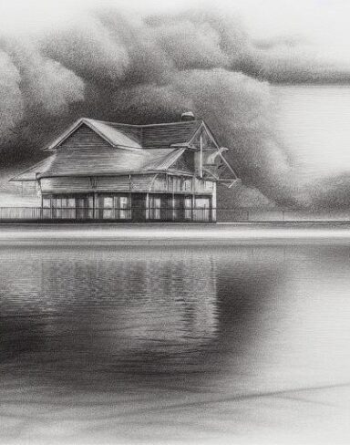 A black drawing of a house by a lake