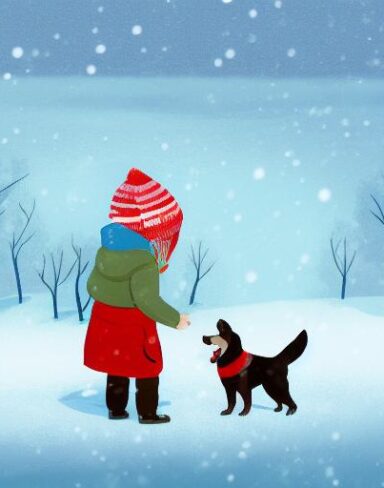 A boy standing next to a dog in the snow