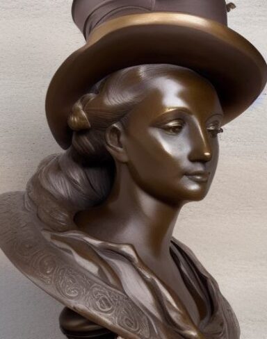 A bronze bust of a lady wearing a hat