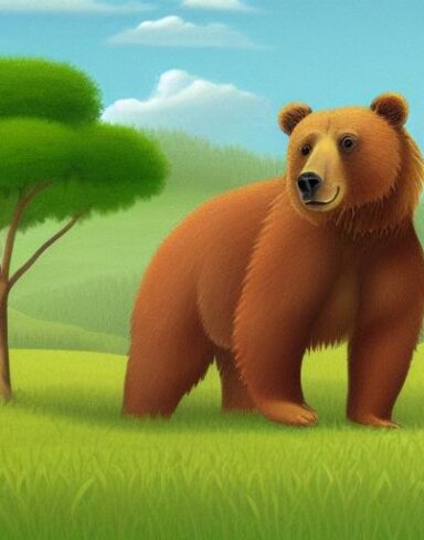 A brown bear on a lush green field