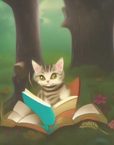 A cartoon cat reading a book in the woods
