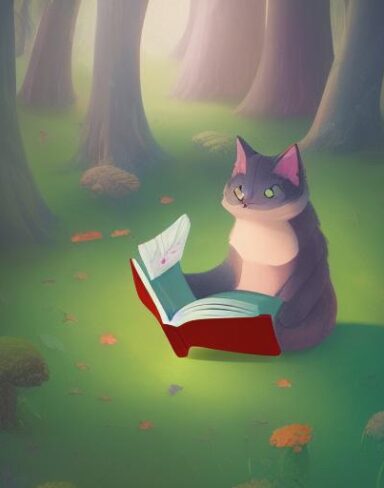 A cartoon cat reading book in the woodland