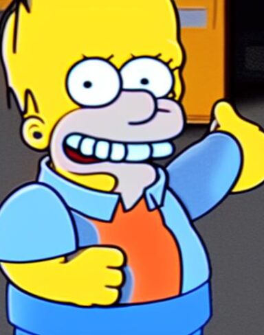 A cartoon character giving a victory hand gesture