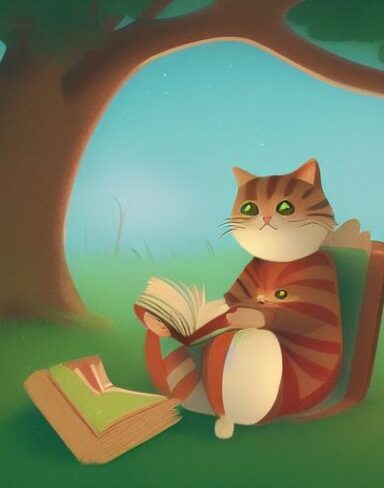 A cat reading book in the woods