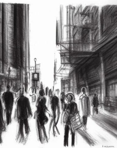 A charcoal painting of people walking in a city street