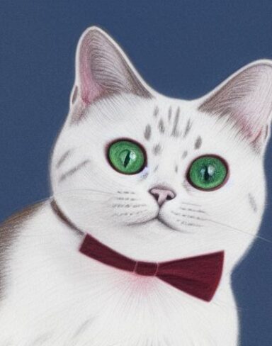 A close up of a cat wearing a white bow tie