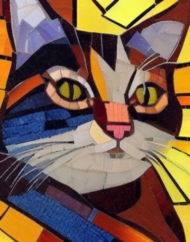 A close up of a mosaic of a cat