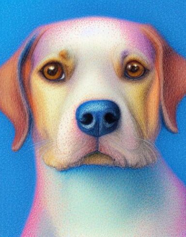 A close up of a painting of a dog with light blue background