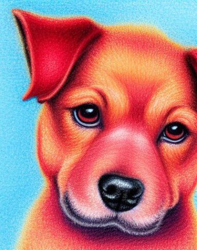A close up of a painting of cute puppy with red background