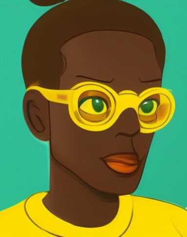 A close up of a person wearing a yellow glasses