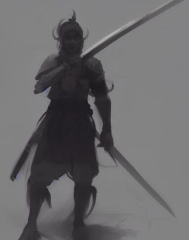 A close up of a person with a sword