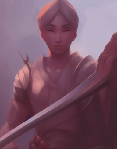 A close up of a person with a sword