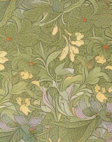A close up of a wallpaper with flowers and leaves