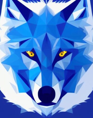 A close up of a wolf face on a blue background