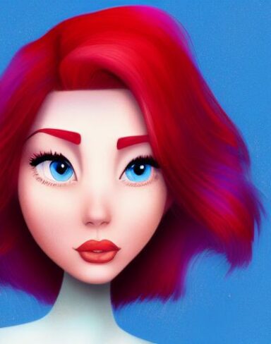 A close up of a woman with red hair and blue eyes