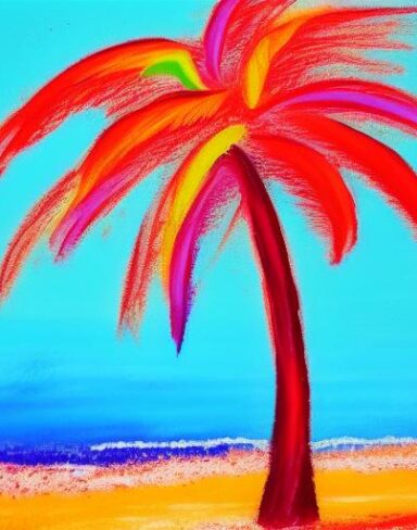 A color painting of the palm tree on a beach