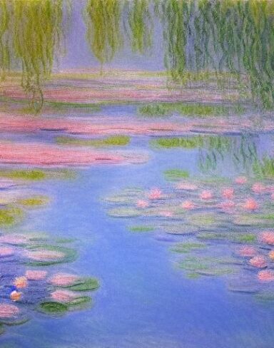 A colorful painting of a pond filled with water lilies