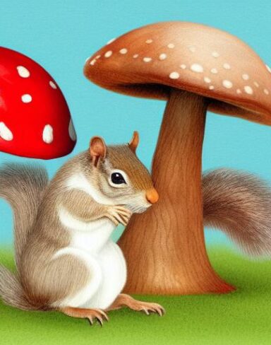 A couple of squirrels sitting on top of a mushroom