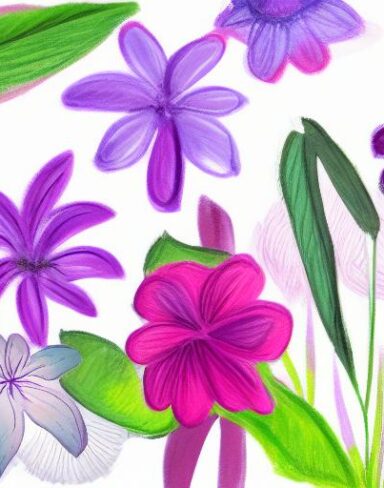 A crayon painting of purple flowers on a white background