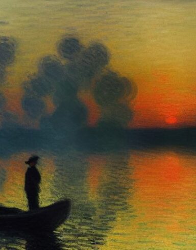 A dark painting of a boat and fisherman in a body of water at sunset