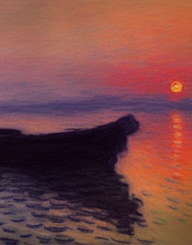 A dark painting of a giant boat in a body of water at sunset