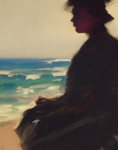 A dark painting of a woman sitting on a rock by the ocean