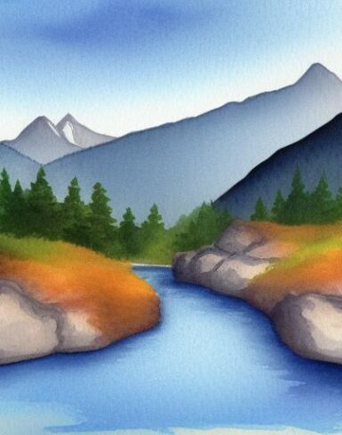 A detailed watercolor painting of a river with a mountain and rocks in the background