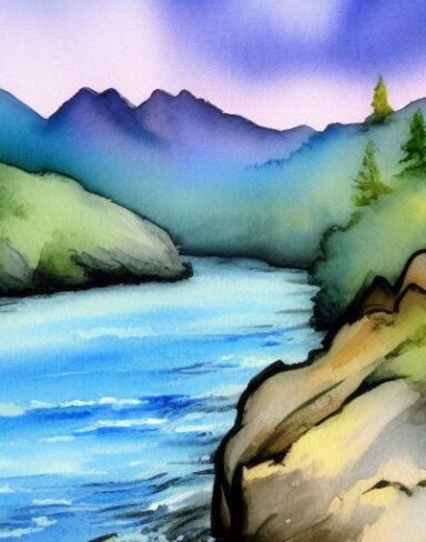 A detailed watercolor painting of a river with a mountain and rocks in the background at violet sunset