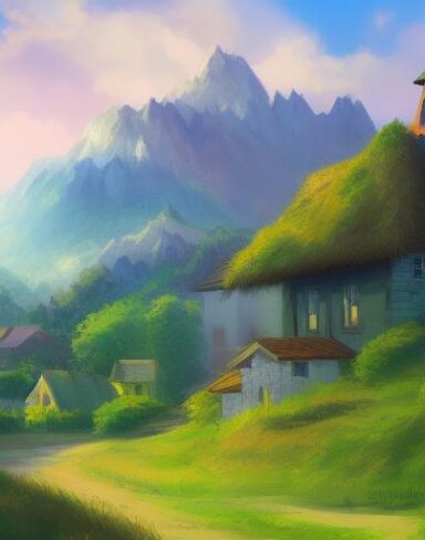 A digital art painting of a small village with mountain