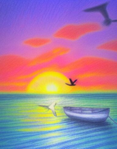 A drawing of a sunset with a bird and a boat
