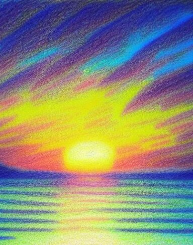 A drawing of a sunset with near to the coast