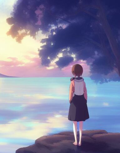 A girl standing in front of a body of water