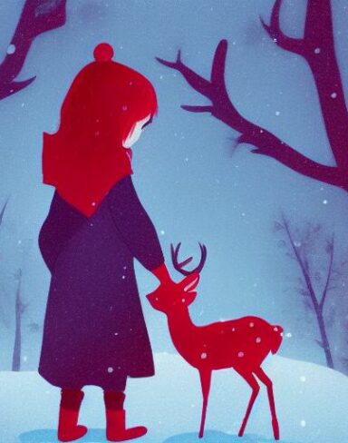 A little girl with red hood facing backward standing next to a deer in winter a storybook illustration inspired by Pascale Campion