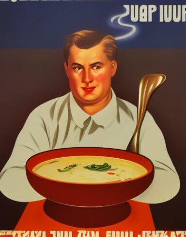 A man holding a spoon in front of a bowl of soup