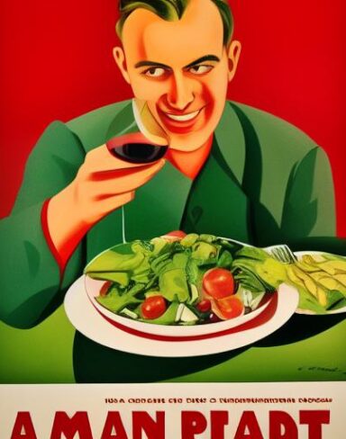 A man holding a wine glass in front of a plate of salad