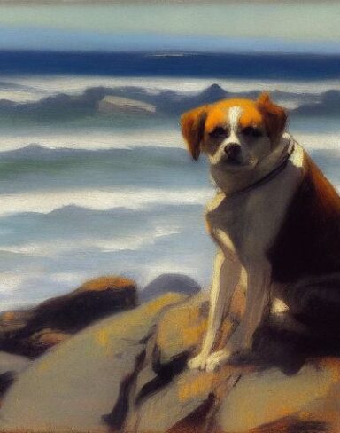 A melancholic painting of a dog sitting on a rock by the ocean