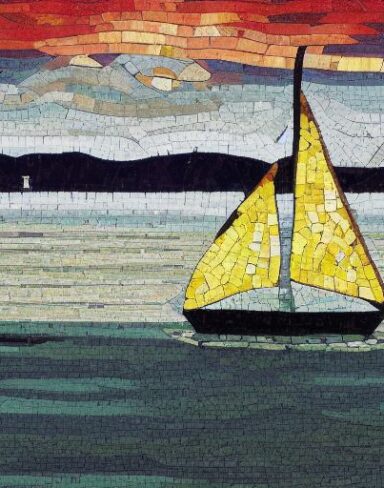 A mosaic of sailboat on a body of water