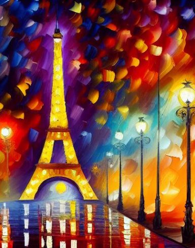 A painting of a Eiffel tower at night