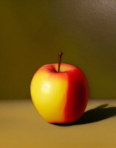 A painting of a apple in half