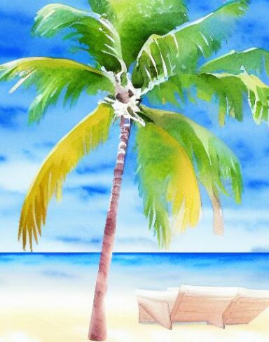 A painting of a beach scene palm tree