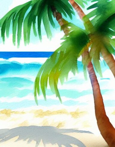 A painting of a beach scene with a palm tree and sand in the day time