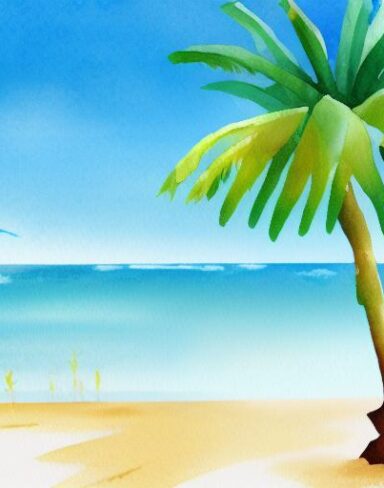 A painting of a beach scene with a palm tree and water