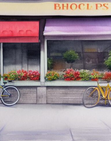 A painting of a bicycle parking in front of a flower shop
